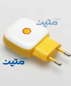 نمای زاویهدار شارژر دیواری Shell SWC13 با دو خروجی USB و Type-C، مناسب شارژ سریع انواع گوشی هوشمند نمای پورتها