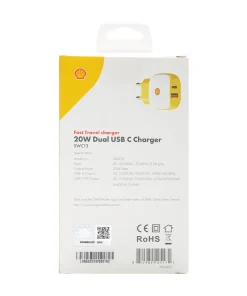 بستهبندی شارژر دیواری شل مدل SWC13 با قابلیت شارژ سریع 20 وات و دو خروجی USB و Type-C