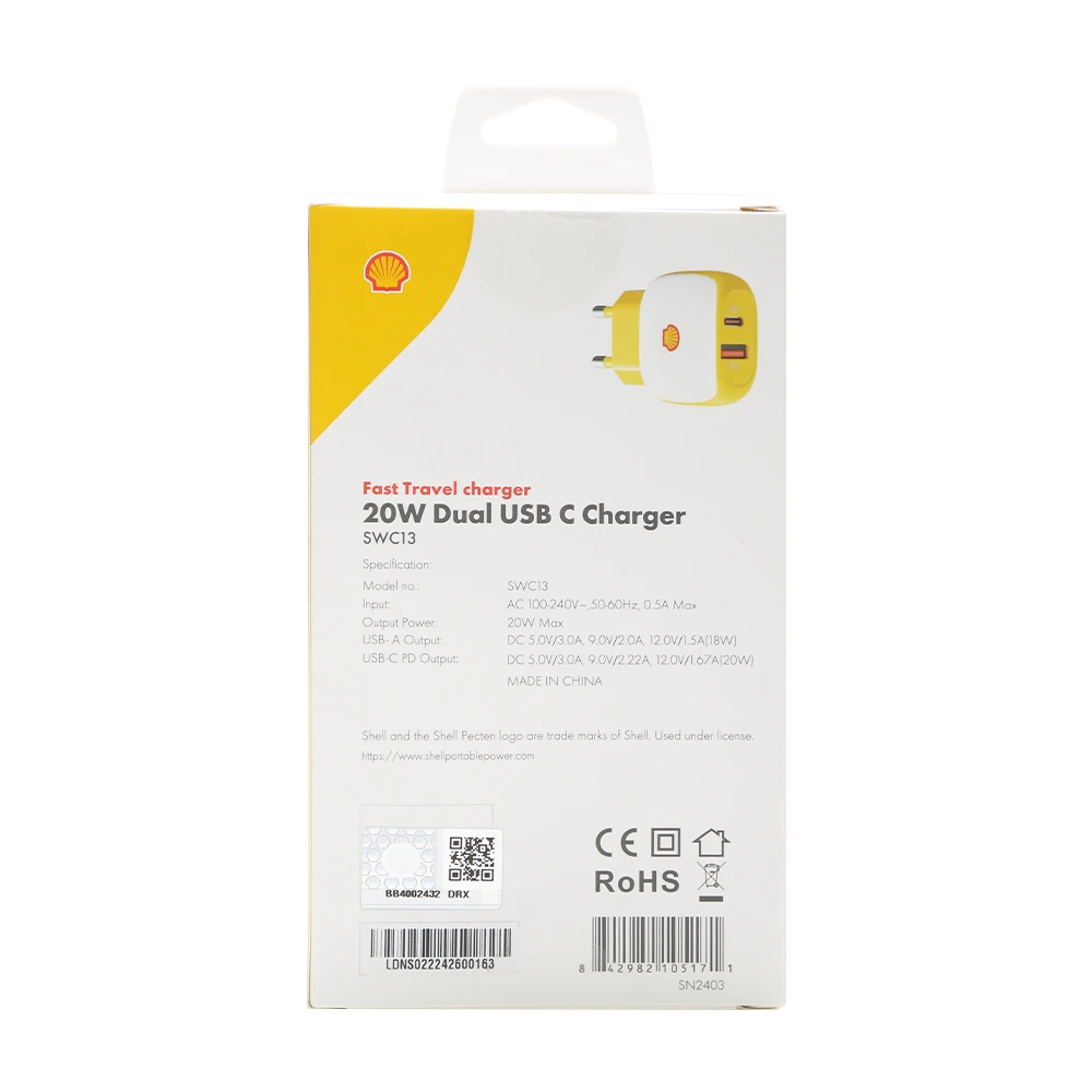 SWC13-5 بستهبندی شارژر دیواری شل مدل SWC13 با قابلیت شارژ سریع 20 وات و دو خروجی USB و Type-C