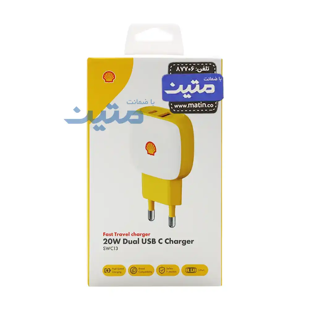بستهبندی شارژر دیواری شل مدل SWC13 با قابلیت شارژ سریع 20 وات و دو خروجی USB و Type-C