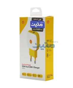 بستهبندی شارژر دیواری شل مدل SWC13 با قابلیت شارژ سریع 20 وات و دو خروجی USB و Type-C