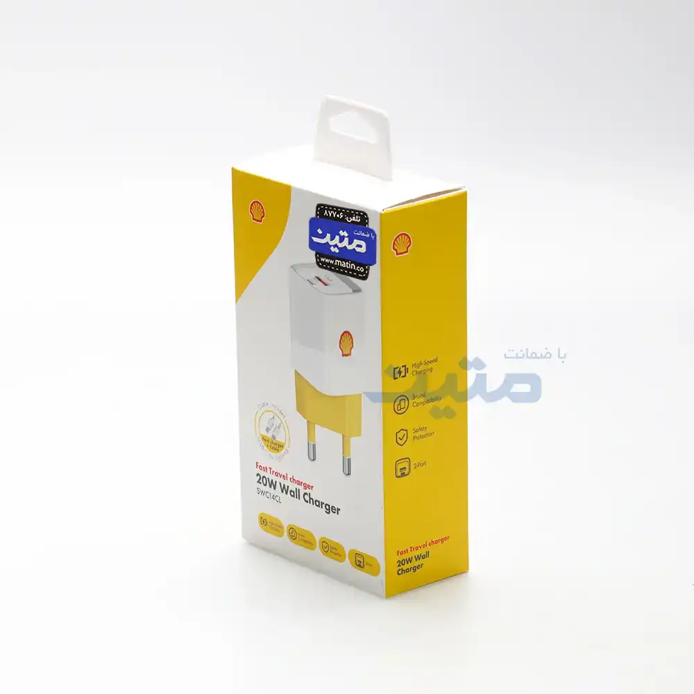 بستهبندی شارژر دیواری شل مدل SWC14CL با کابل و قابلیت شارژ سریع.